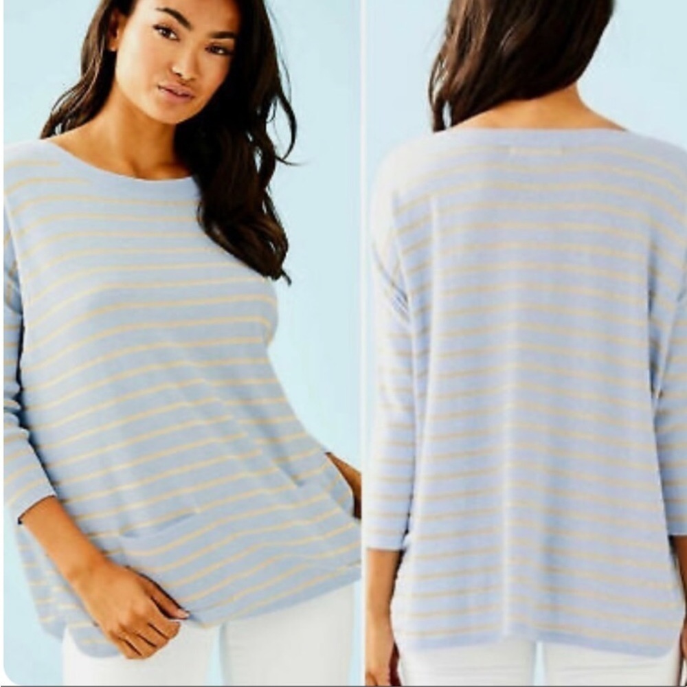 Lily Pulitzer Cobo Tunic Sweater Heathered Crew Blue Coastal Shell Stripe Small